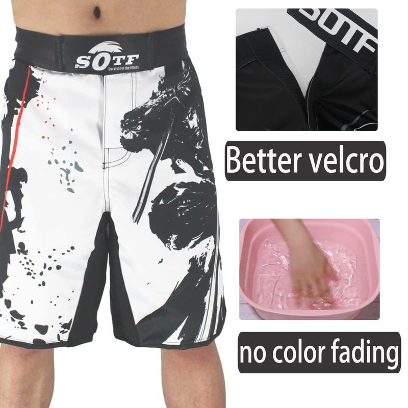 SOTF MMA Shorts Muay Thai Boxing Trunks Comfortable Kickboxing Fight Wear, White, L=28-32" - Image 3