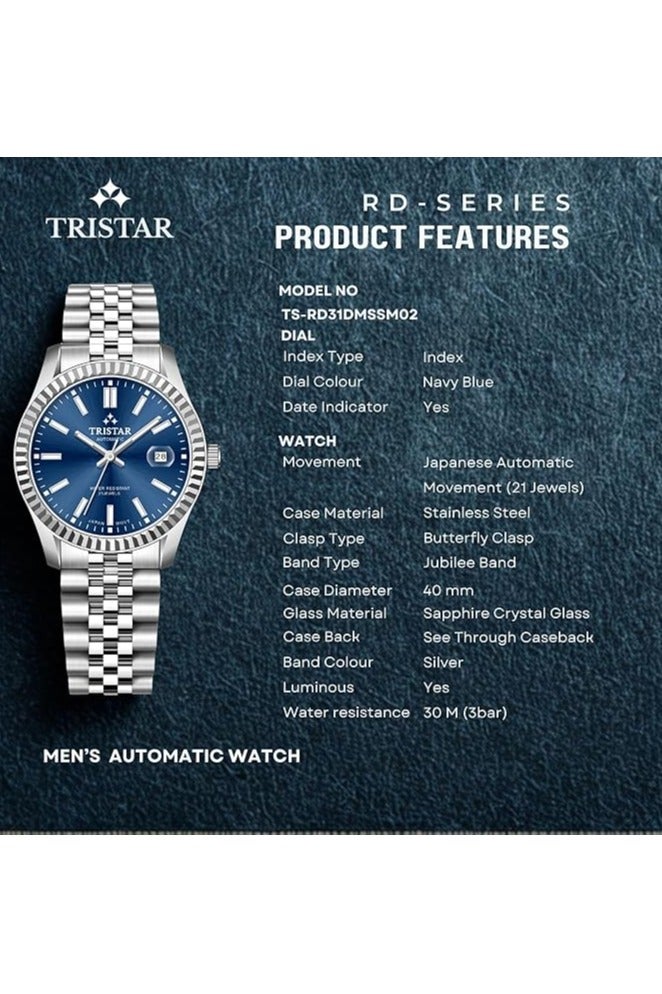 Tristar ساعة تريستار RD سلسلة للرجال اليابانية الأوتوماتيكية مع قرص أزرق بحري وسوار من الفولاذ المقاوم للصدأ - Image 4