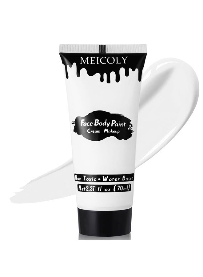 MEICOLY طلاء وجه وجسم كريمي أبيض، أنبوب كبير 2.37 أونصة، مكياج أبيض للمهرجين، طلاء جسم مائي كامل للبالغين والأطفال، مكياج هالوين SFX جمجمة جوكر زومبي مصاص دماء هيكل عظمي غوث كوسبلاي ميم - Image 1