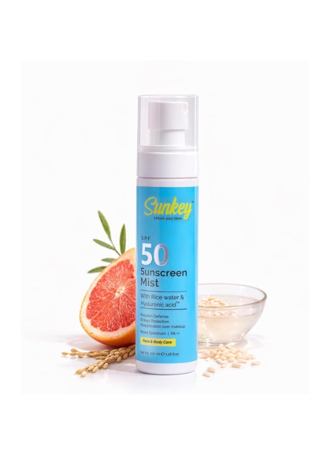 صن كي بخاخ واقي من الشمس Sunkey SPF 50+ PA++++ | حماية واسعة النطاق من الأشعة فوق البنفسجية UVA وUVB للوجه والجسم | تركيبة مائية غير لزجة مع ماء الأرز وهيالورونات | للرجال والنساء | جميع أنواع البشرة | 100 مل - Image 1