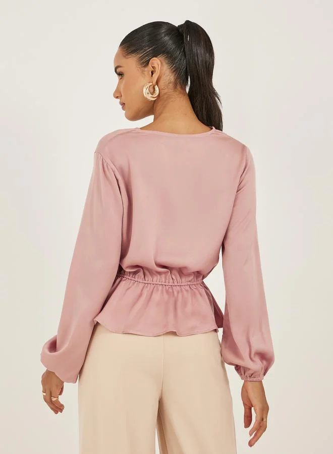 Styli Women Solid Cuffed Sleeves Peplum Blouse