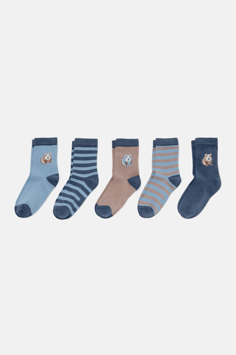 Tchibo Kids Boy 5 Pairs Printed Crew Socks, Blue/Brown  - Image 1