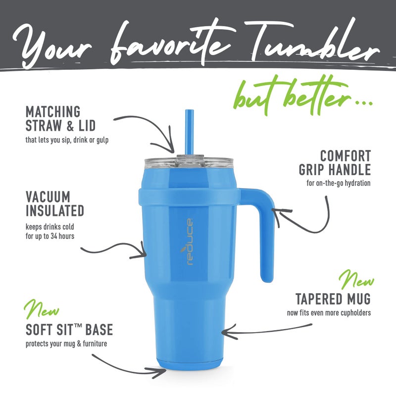 REDUCE 40 oz Stainless Steel Tumbler with Handle - Dual-Wall Vacuum Insulated Travel Mug  Sweat-Proof Lid & Reusable Straw - Keeps Drinks Cold for 24 Hrs  Fits Cupholders  Dishwasher Safe - Oahu Blue - Image 3