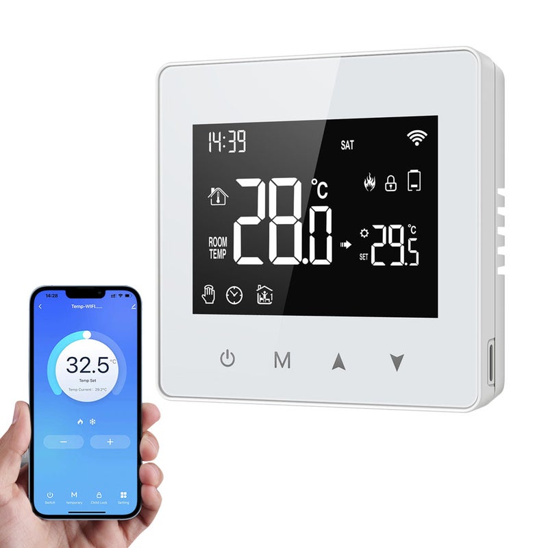 جهاز تحكم درجة الحرارة الثابت الذكي Tuya لشبكة WiFi مع شاشة عرض LED ويمكن تعديل درجة الحرارة، أحجامه ضيقة، ويستخدم لتحكم درجة حرارة غلايات المياه والغاز، ومتوافق مع Google Home. - Image 1