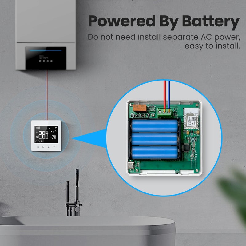 جهاز تحكم درجة الحرارة الثابت الذكي Tuya لشبكة WiFi مع شاشة عرض LED ويمكن تعديل درجة الحرارة، أحجامه ضيقة، ويستخدم لتحكم درجة حرارة غلايات المياه والغاز، ومتوافق مع Google Home. - Image 2