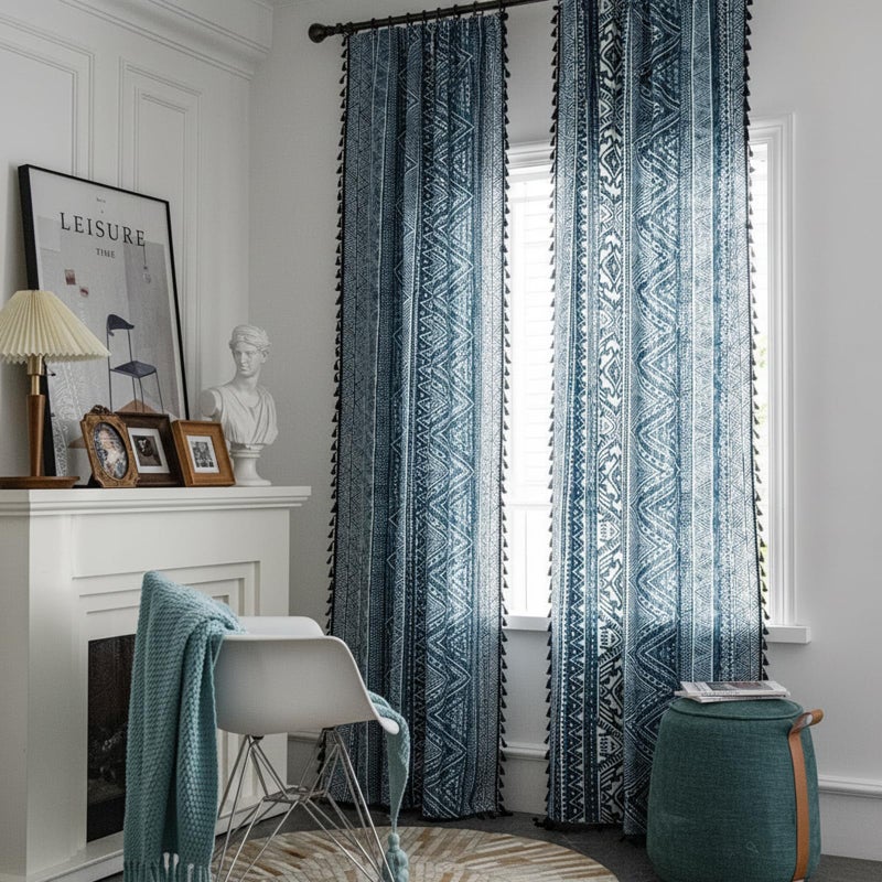 ColorBird Blue Boho Curtains Farmhouse MCM Western Striped Aztec Light Filtering 84 Inches Window Treatment Patterned Drapes for Bedroom Living Dining Room Kitchen Boho Chic Decor - Image 2