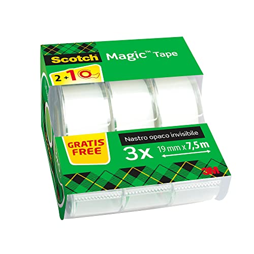 Scotch Magic Tape Promo Pack 2 Rolls on Handheld Dispenser 1 Free 19 mm x 75 m General Purpose Sticky Tape for Document Repair Labelling Sealing - Image 1