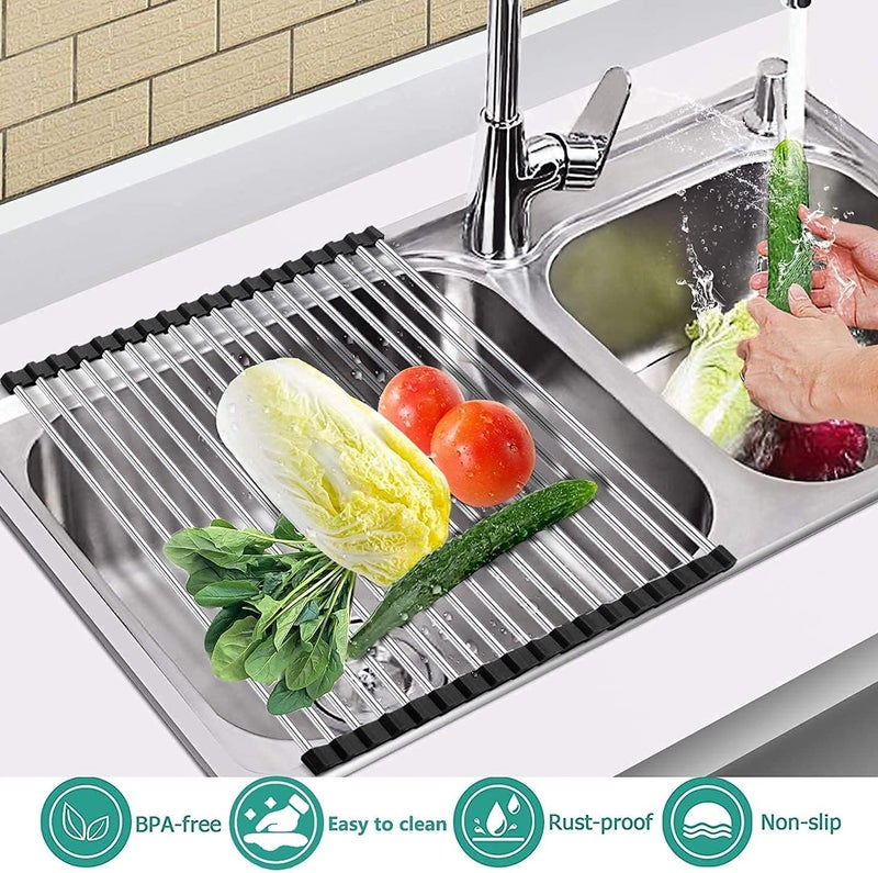 INVOSS Large Roll Up, Over The Sink Dish Drying Rack Kitchen Rolling Dish Drainer, Foldable Sink Rack Mat Stainless Steel Wire (18" X 17.5", Silver) - Image 5