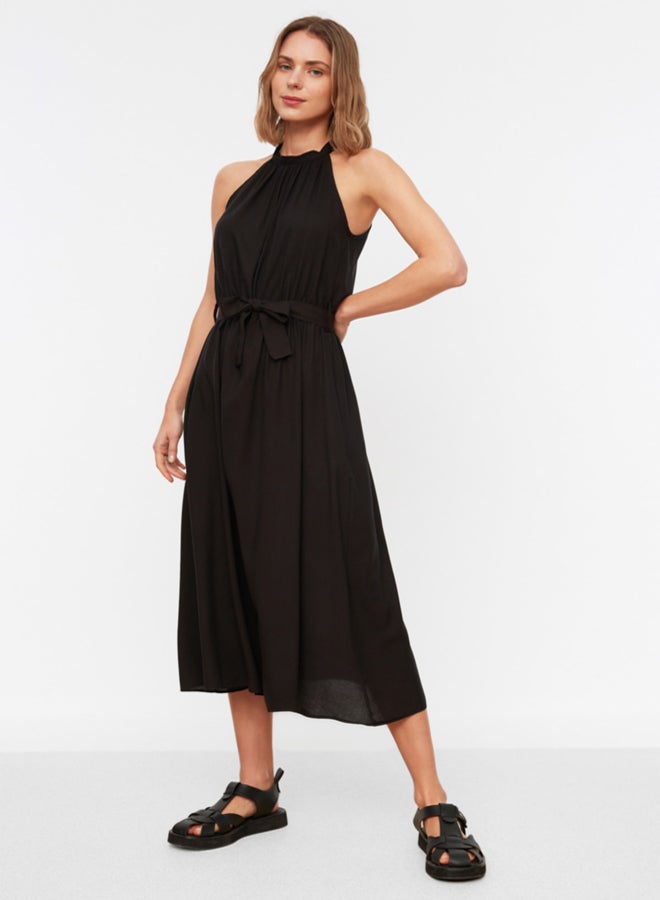 trendyol Black Belted A-Line Halter Neck Midi Viscose Woven Dress - Image 1
