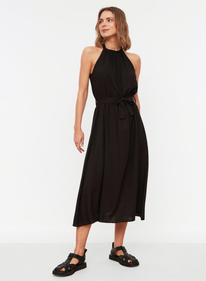trendyol Black Belted A-Line Halter Neck Midi Viscose Woven Dress - Image 2