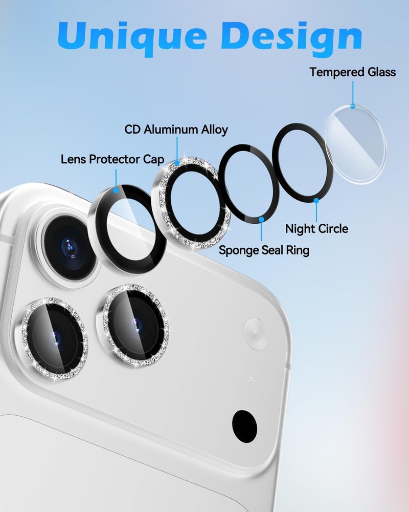 CloudValley Glitter Camera Lens Protector for iPhone 17 Pro/iPhone 17 Pro Max, Anti-Scratch HD Tempered Glass, Shatterproof Metal Ring Cover, Easy Installation, Glitter Silver - Image 3