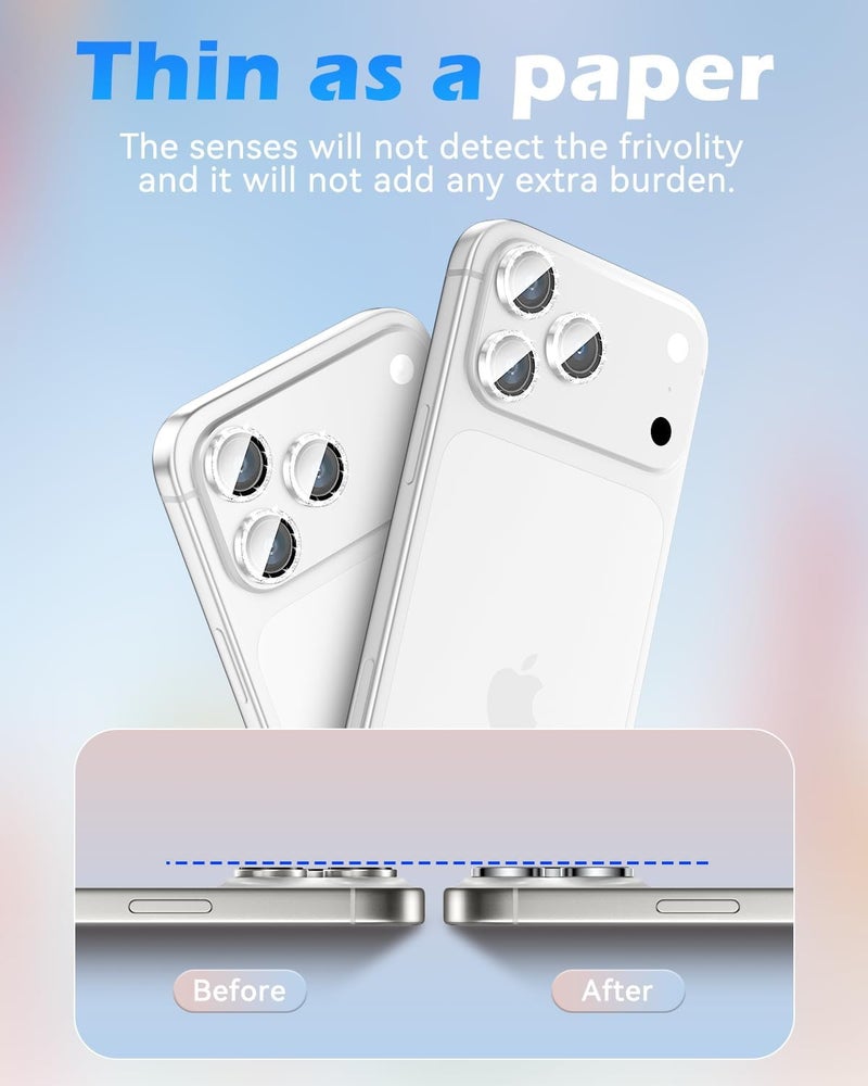 CloudValley Glitter Camera Lens Protector for iPhone 17 Pro/iPhone 17 Pro Max, Anti-Scratch HD Tempered Glass, Shatterproof Metal Ring Cover, Easy Installation, Glitter Silver - Image 4