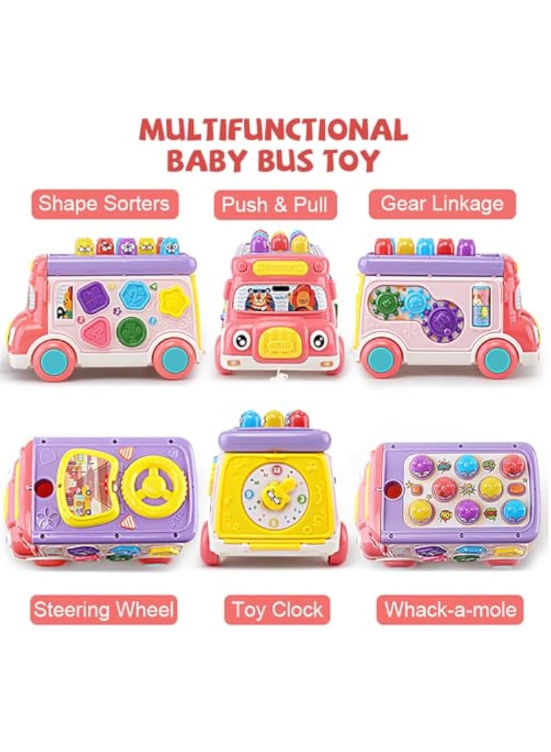 Arabest لعبة حافلة النشاط الموسيقي للأطفال، تعليم الرضع، سيارة تعليمية، صوت وضوء، لعبة تفاعلية، فرز الأشكال، مطابقة الحيوانات، هدية عيد ميلاد للعطلات للأطفال من 3 سنوات فما فوق (وردي) - Image 2