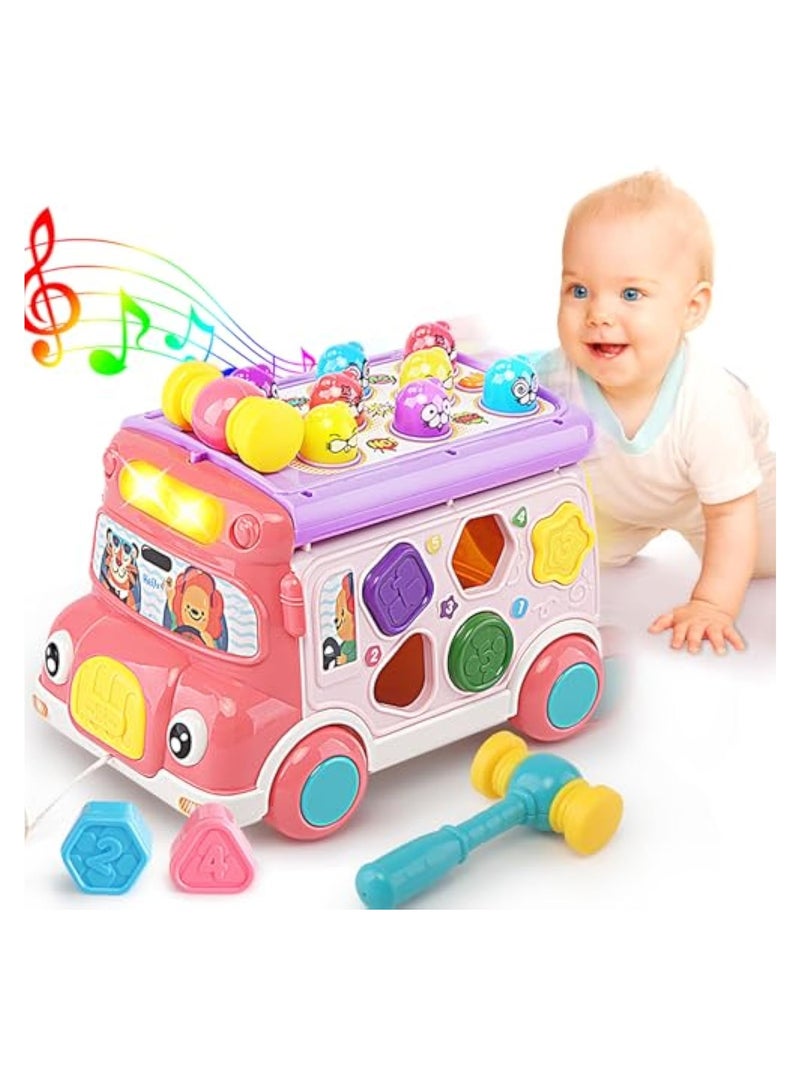 Arabest لعبة حافلة النشاط الموسيقي للأطفال، تعليم الرضع، سيارة تعليمية، صوت وضوء، لعبة تفاعلية، فرز الأشكال، مطابقة الحيوانات، هدية عيد ميلاد للعطلات للأطفال من 3 سنوات فما فوق (وردي) - Image 1