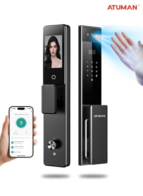 Smart Door with Camera,Smart Door Lock,Palm Vein unlock 3D Facial Recognition,Real-Time Monitor,Two-Way Intercom,Dual Cameras, CNC Material,Tuya WiFi APP Control,Emergency USB Power