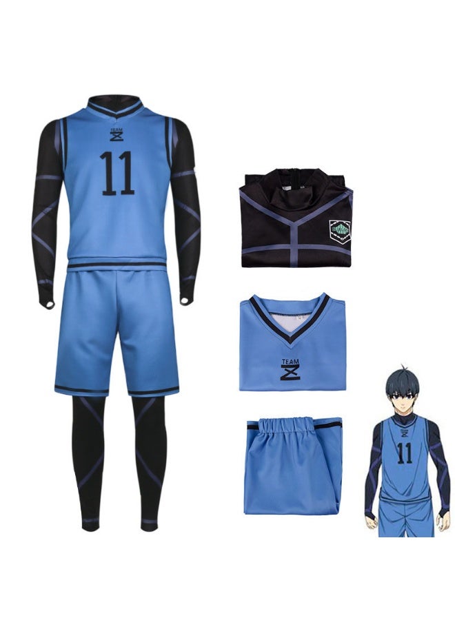Halamodo Blue Lock Anime Isagi Yoichi No.11 Basketball Jersey Set, Full Uniform with Onesie, Top & Shorts, Cosplay Costume for Men & Women, Double-Sided Print, Blue/Black, M - Image 1