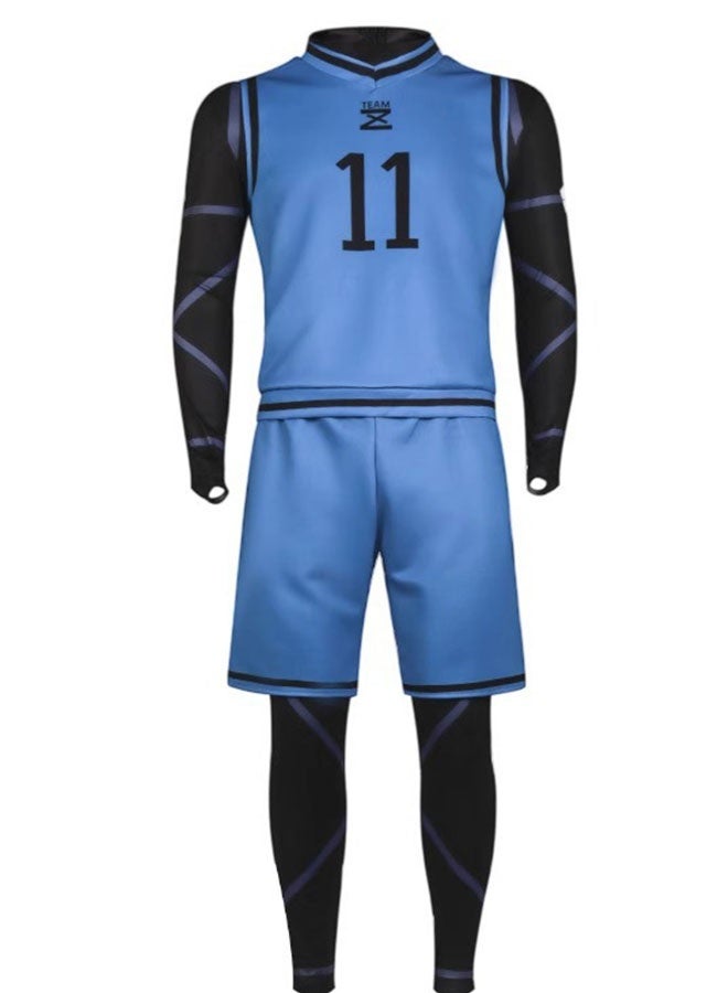 Halamodo Blue Lock Anime Isagi Yoichi No.11 Basketball Jersey Set, Full Uniform with Onesie, Top & Shorts, Cosplay Costume for Men & Women, Double-Sided Print, Blue/Black, M - Image 3