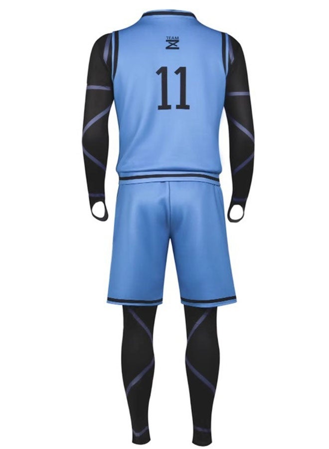 Halamodo Blue Lock Anime Isagi Yoichi No.11 Basketball Jersey Set, Full Uniform with Onesie, Top & Shorts, Cosplay Costume for Men & Women, Double-Sided Print, Blue/Black, M - Image 4