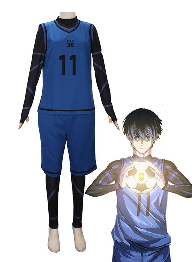 Halamodo Blue Lock Anime Isagi Yoichi No.11 Basketball Jersey Set, Full Uniform with Onesie, Top & Shorts, Cosplay Costume for Men & Women, Double-Sided Print, Blue/Black, M - Image 2