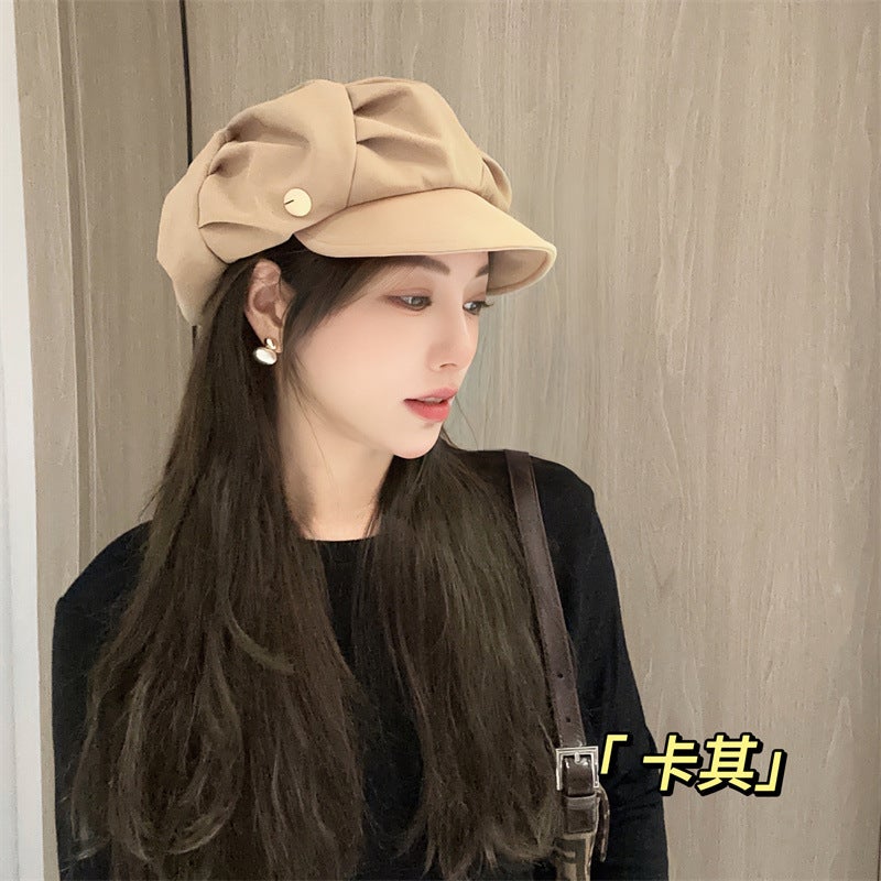 Cloud hat female pleated bag face slimming octagonal hat travel daily casual Korean style plain short brim beret Khaki - Image 1