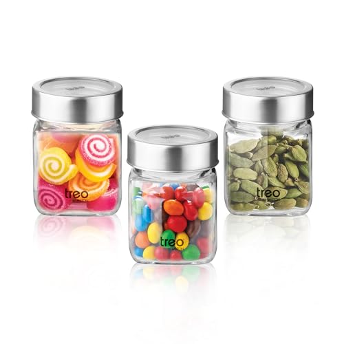 Treo by Milton Cube Storage Containers, Set of 3, Glass Jar with Air Tight Steel Lid, 180 ml each, Transparent Jars for snacks, Pulses, Masala, Pickles, Cereals, Cookies, Dry Food - Image 1