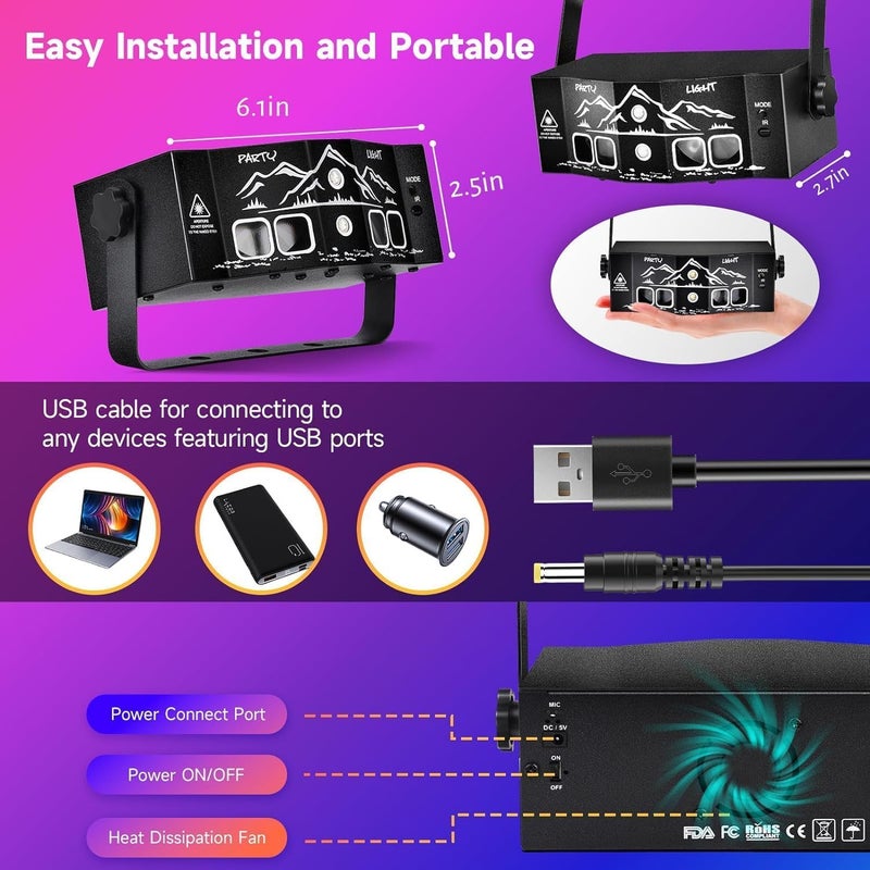 bubusan Laser Light for Party, Sound Activated Strobe Light Halloween - 6 Eyes Laser DJ Lights with Remote Control, Rave Lights Glow Party Supplies Party Lights Dance Floor Lights - Image 5