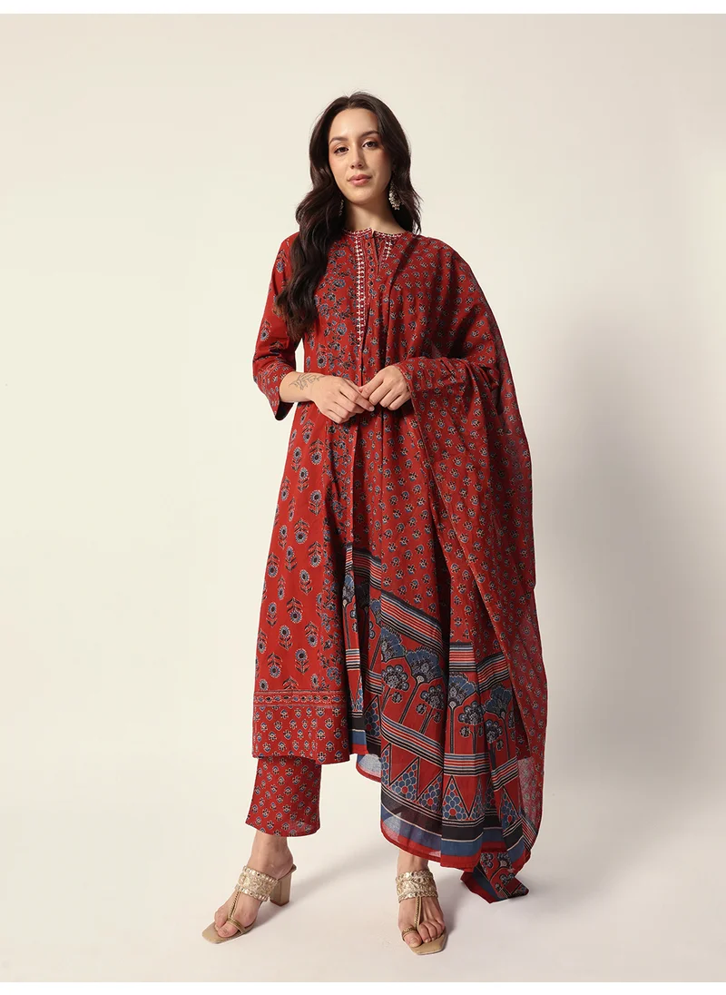 آي شين Women's Red Cotton Textured Tunic Full Palazzo Regular Fit Kurta Set