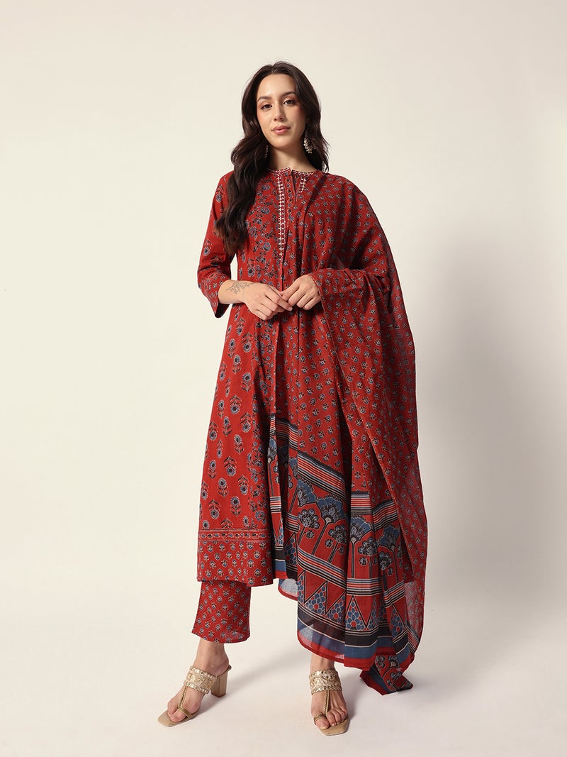 ISHIN Women's Red Cotton Textured Tunic Full Palazzo Regular Fit Kurta Set  - Image 1