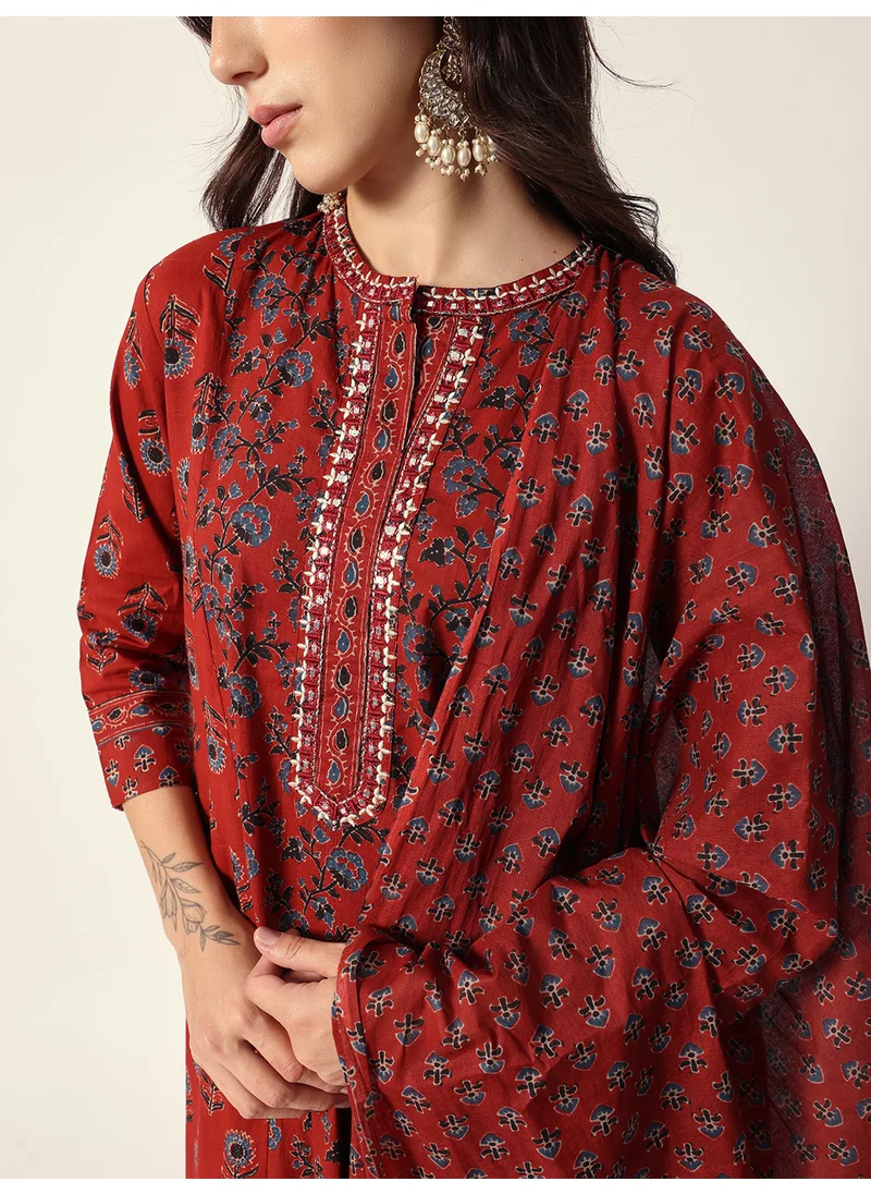 آي شين Women's Red Cotton Textured Tunic Full Palazzo Regular Fit Kurta Set