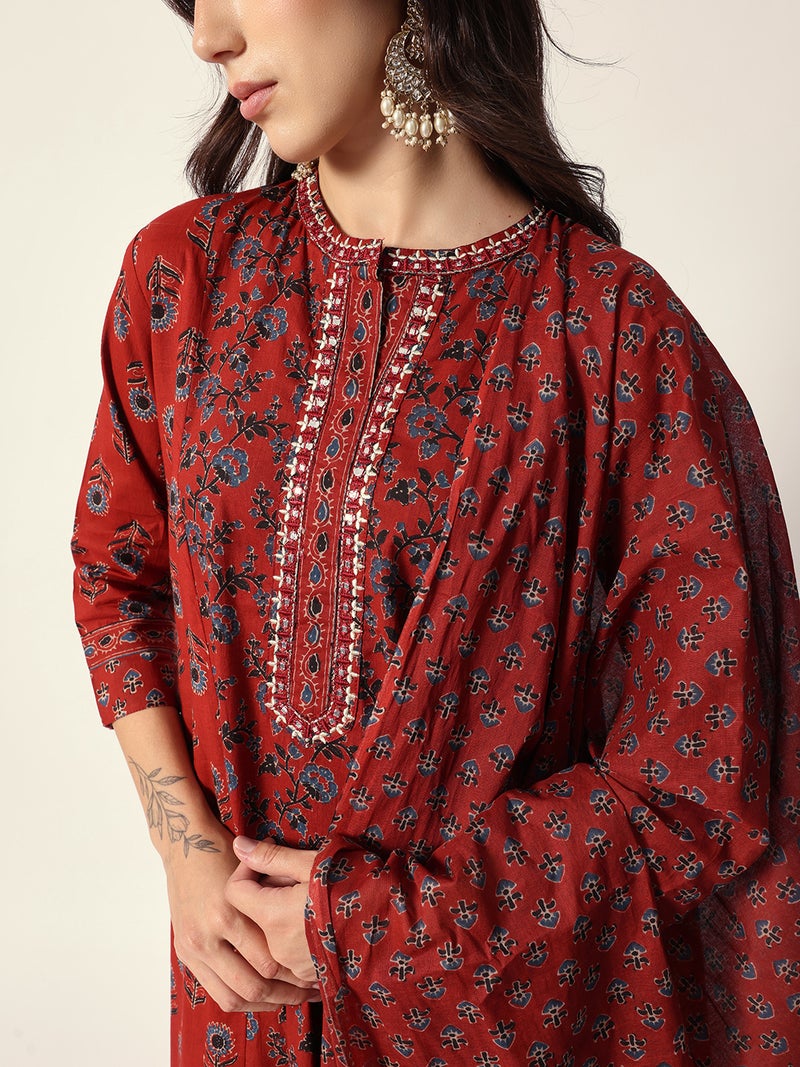 ISHIN Women's Red Cotton Textured Tunic Full Palazzo Regular Fit Kurta Set  - Image 2
