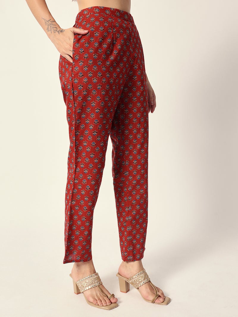 ISHIN Women's Red Cotton Textured Tunic Full Palazzo Regular Fit Kurta Set  - Image 3