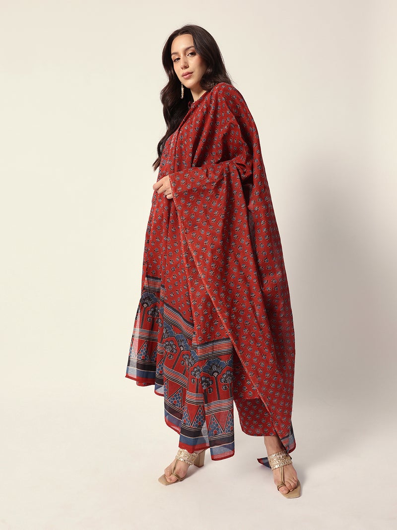 ISHIN Women's Red Cotton Textured Tunic Full Palazzo Regular Fit Kurta Set  - Image 5