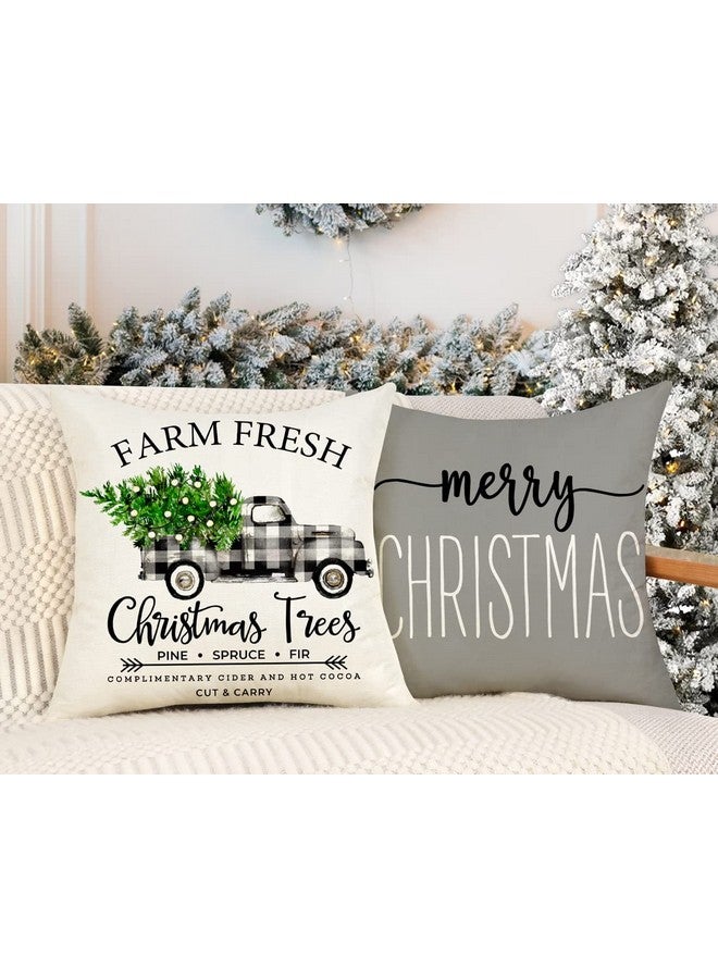 4TH Emotion Gray Christmas Pillow Covers 18x18 Set of 4 Farmhouse Decorations Merry Tree Truck Hello Winter Holiday Decor Throw Cushion Case for Home Couch S22C19 - Image 4