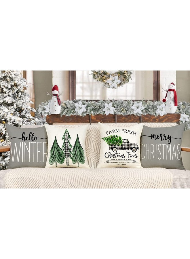 4TH Emotion Gray Christmas Pillow Covers 18x18 Set of 4 Farmhouse Decorations Merry Tree Truck Hello Winter Holiday Decor Throw Cushion Case for Home Couch S22C19 - Image 2