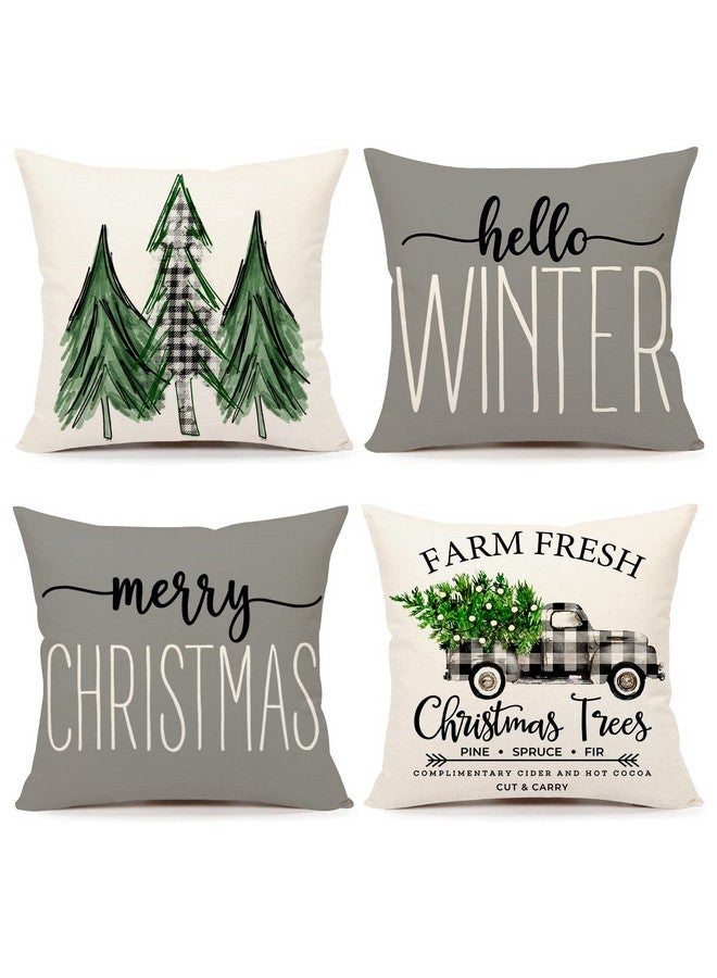 4TH Emotion Gray Christmas Pillow Covers 18x18 Set of 4 Farmhouse Decorations Merry Tree Truck Hello Winter Holiday Decor Throw Cushion Case for Home Couch S22C19 - Image 1