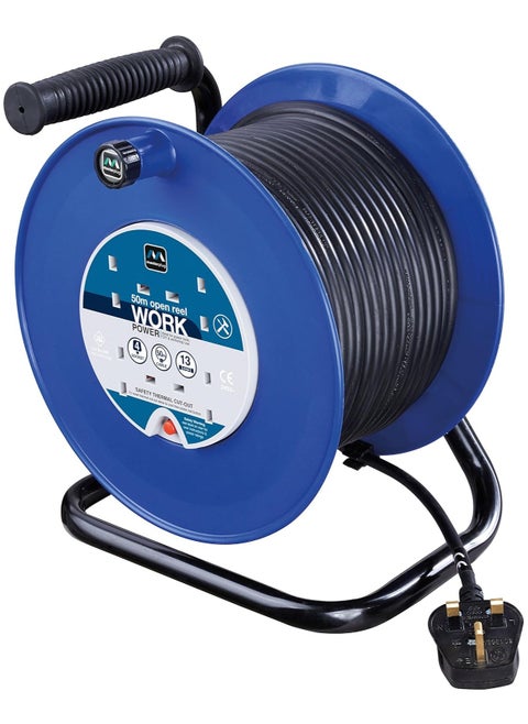 MasterPlug Four Socket Open Cable Reel Extension Lead with Handle,50 Metres,Blue