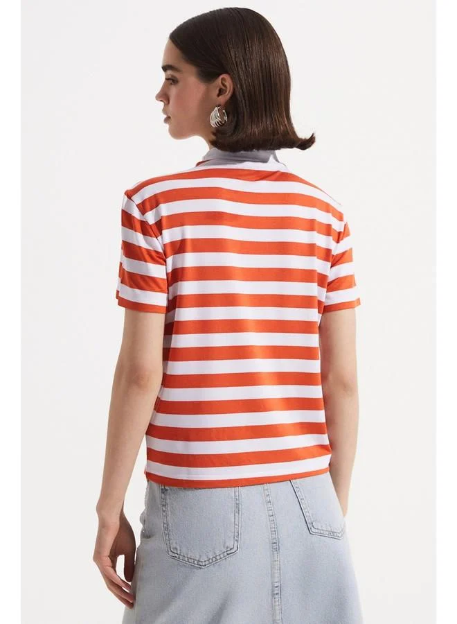 JUNE June Striped Crew Neck Tshirt Red - White