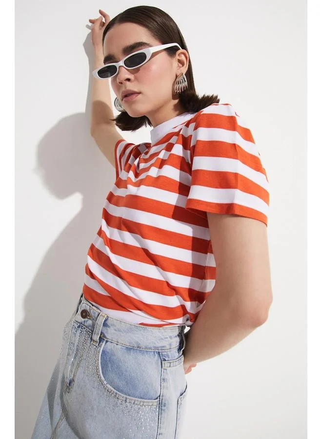 JUNE June Striped Crew Neck Tshirt Red - White