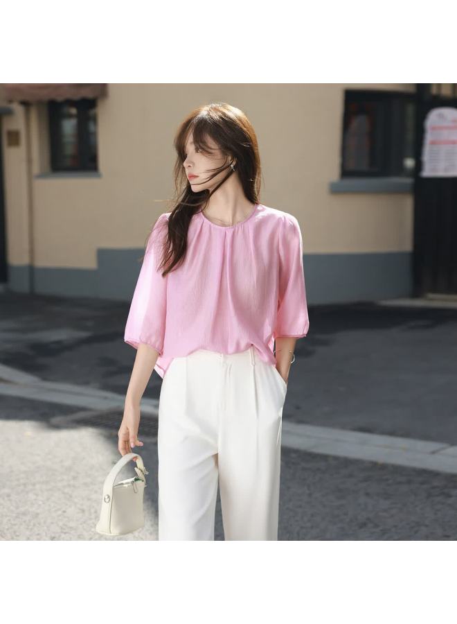Mt Summer Pleated Round Neck Solid Color Elegant Mid-sleeve Blouse - Image 5