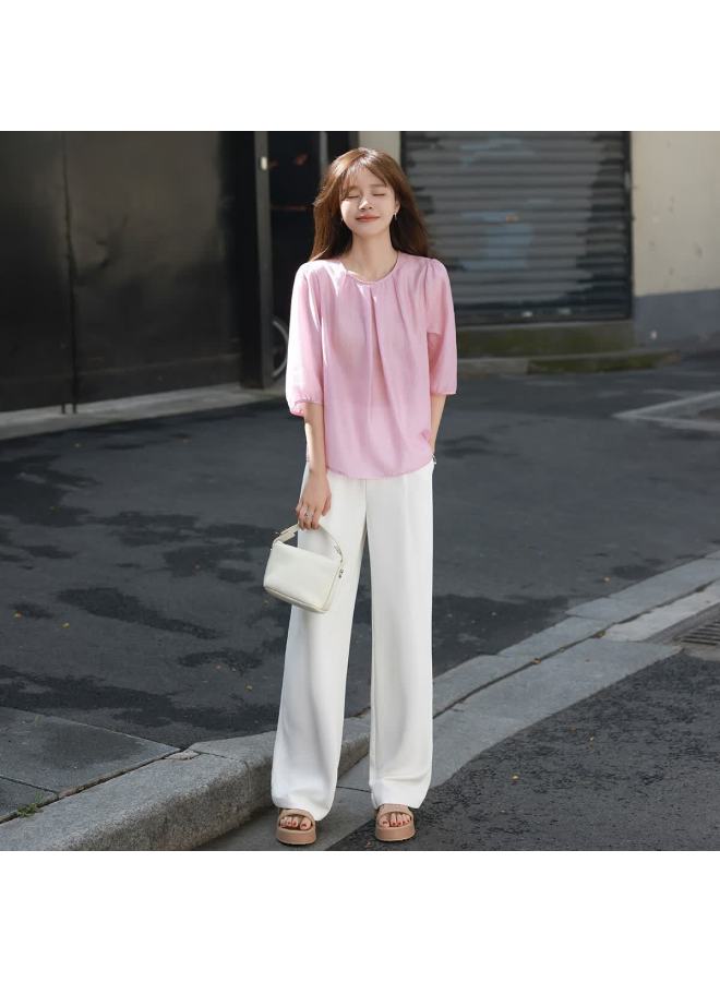 Mt Summer Pleated Round Neck Solid Color Elegant Mid-sleeve Blouse - Image 3