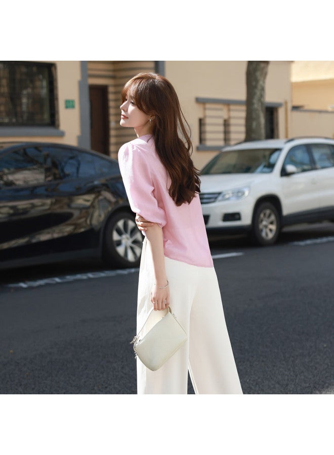 Mt Summer Pleated Round Neck Solid Color Elegant Mid-sleeve Blouse - Image 4