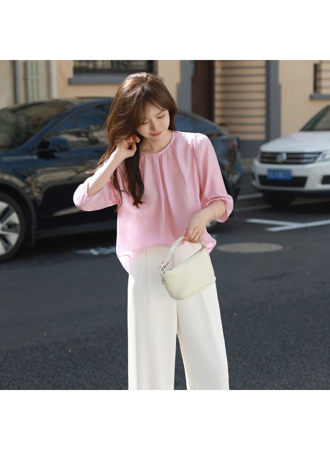 Mt Summer Pleated Round Neck Solid Color Elegant Mid-sleeve Blouse - Image 2
