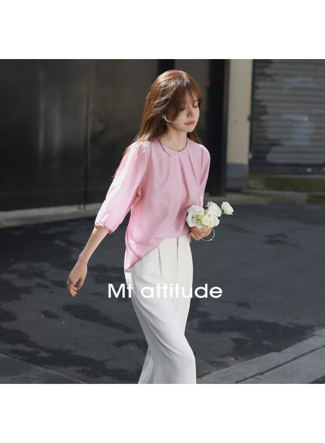 Mt Summer Pleated Round Neck Solid Color Elegant Mid-sleeve Blouse - Image 1