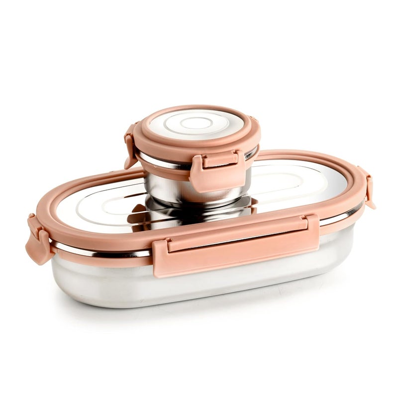 Ganesh Oval Lunch Box Steel with 4 Side Lock Lid, 650 ml and Inner Stainless Steel Container, 100 ml Easy to Carry (Mulitcolor) - Image 1