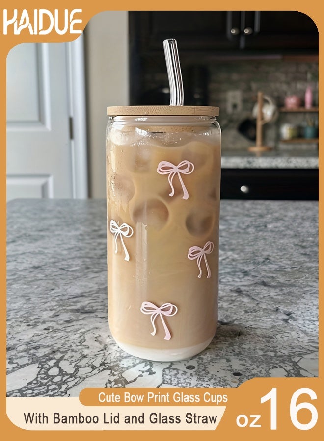 Haidue 16oz Cute Bow Print Glass Cups with Bamboo Lid and Glass Straw, Can Shaped Iced Coffee Glass Tumbler, Aesthetic Reusable Drinking Glasses for Water, Juice, Boba Tea, Perfect Gift for Girls Women - Image 1