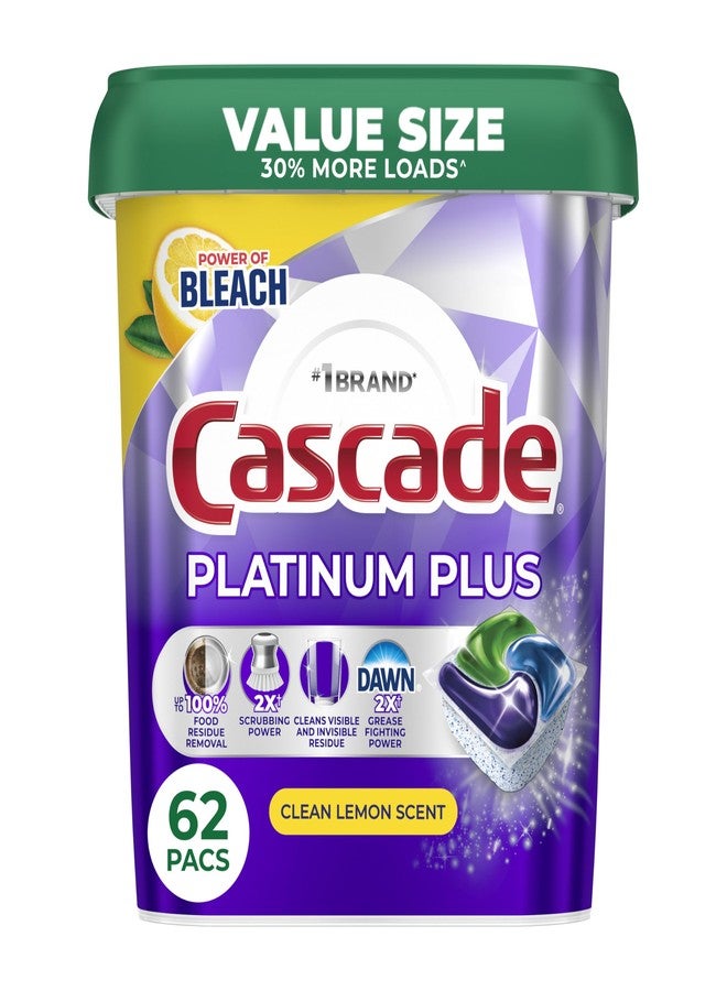 Cascade Platinum Plus Dishwasher Pods, Dish Detergent Soap, Clean Lemon Scent, 62 Count - Image 1