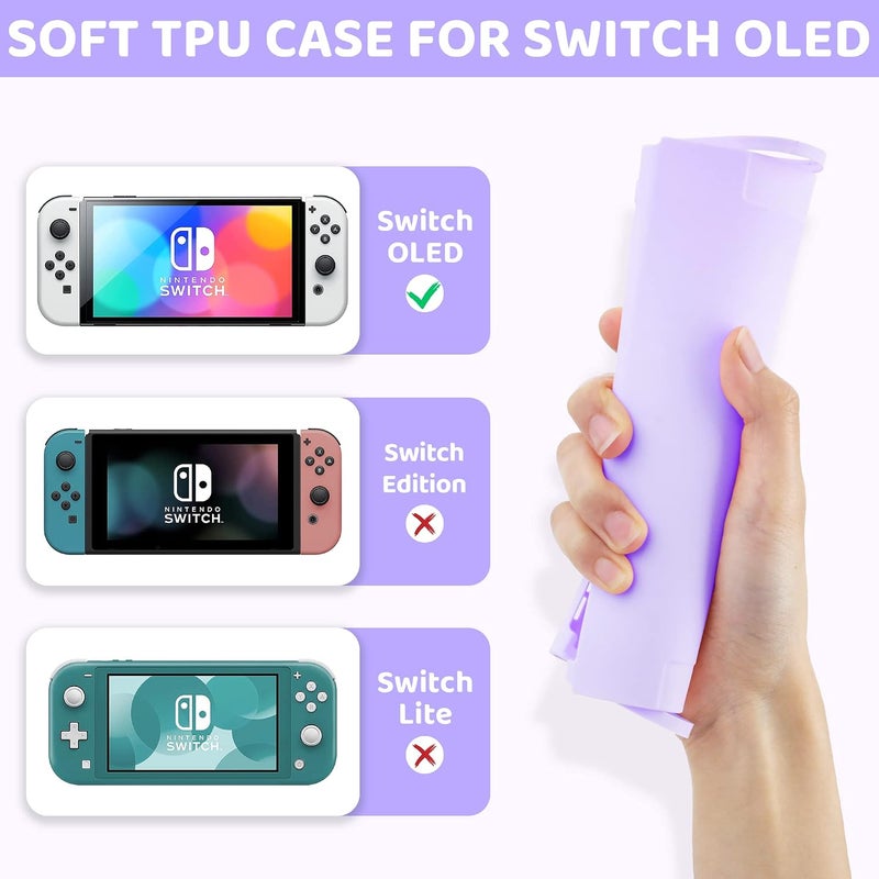 GLDRAM Carrying Case for Nintendo Switch OLED, 9 in 1 Cute Accessories Kit with Travelling Case, Soft TPU Cover, Glass Screen Protector, Thumb Grip Caps, Wrist Band, Shoulder Strap for Girls - Purple - Image 4