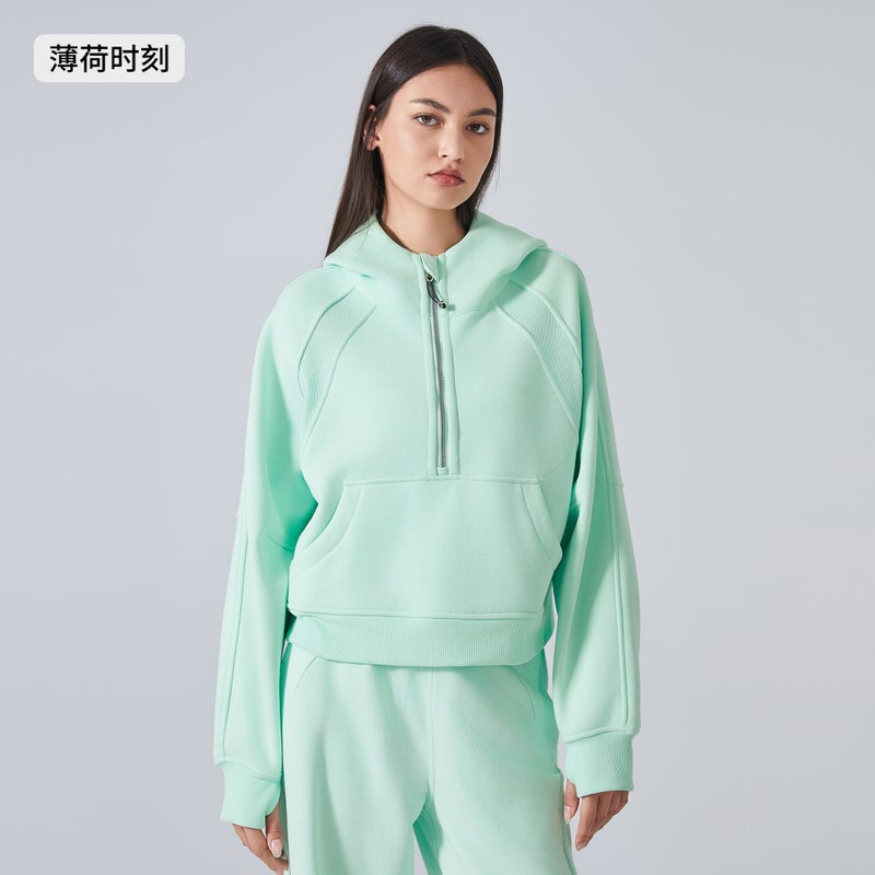 New Plush Warm Hoodie Womens Half-Zip Loose Yoga Sweatshirt Mint moment