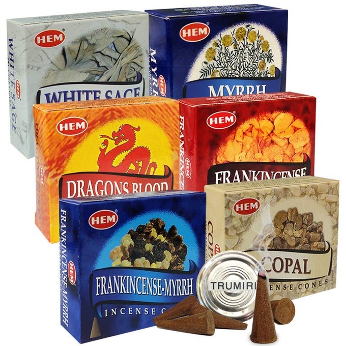 HEM INCENSE CONES VARIETY PACK 4 AND INSCENTSCONES BURNER HOLDER WITH 6 MOST POPULAR FRAGRANCES DRAGONS BLOOD FRANKINCENSE MYRRH TOTAL 60 SCENTED CONE INCENSE 6 SCENTS X 10 CONOS