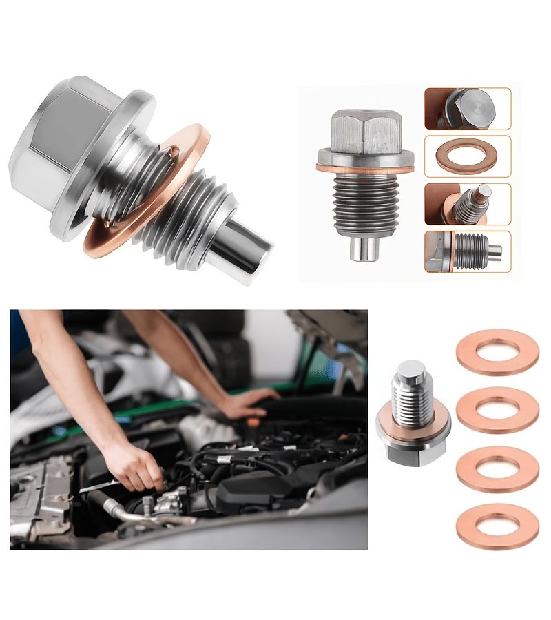 M12x1.5 Magnetic Oil Drain Plug Heavy Duty Stainless Steel Bolt With 5 Copper Washers Strong Magnetic Sump Nut Leak Proof For Car Truck Marine Engine - Image 5